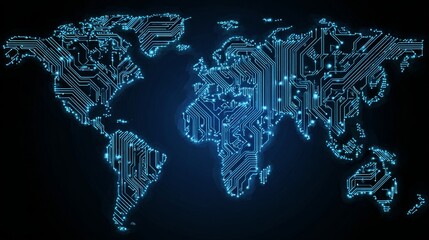 Futuristic high-tech digital world map with glowing circuit board patterns, abstract technology background, interconnected data network and neon cyber design