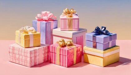 Obraz premium Pastel gift boxes with ribbons, arranged on a pink surface