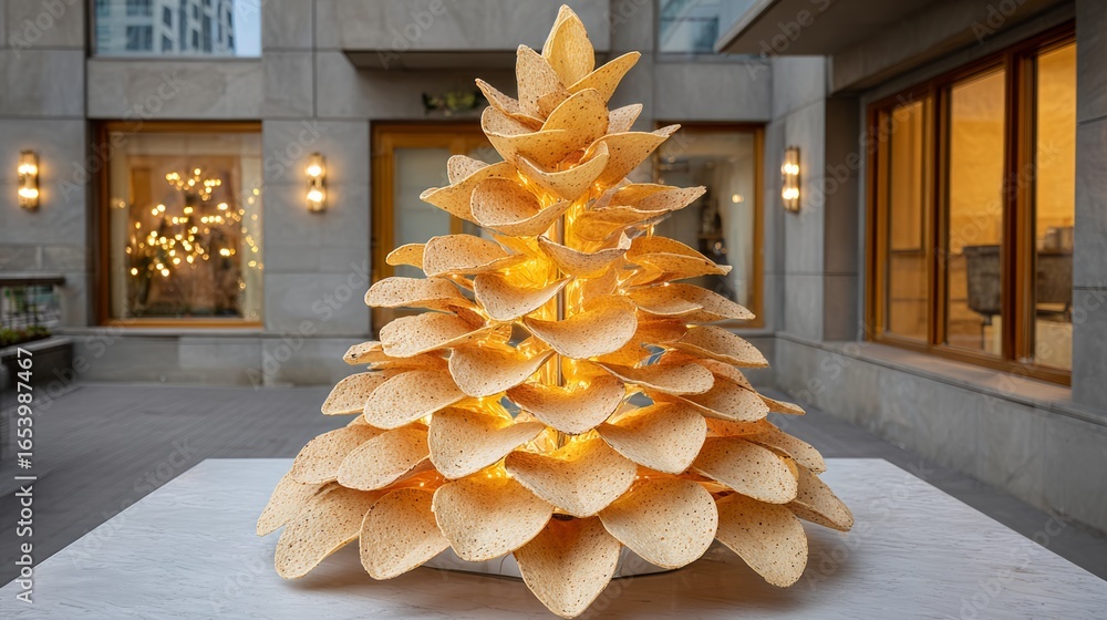 Poster tree made of tortilla chips is lit up and sits on a table. the tree is made of many layers of tortil