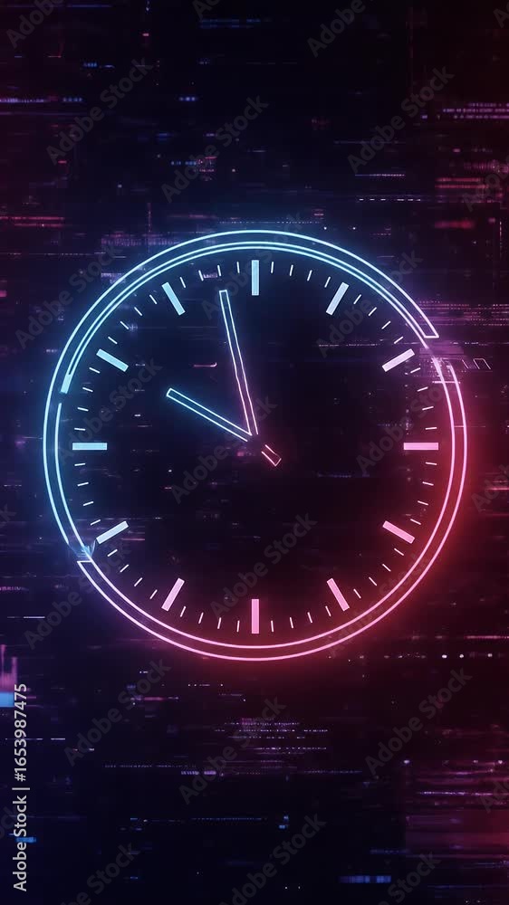 Poster glitch neon clock face futuristic digital display abstract background