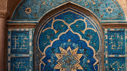 Stunning geometric mosaic in vibrant blue tones, showcasing intricate designs and craftsmanship.