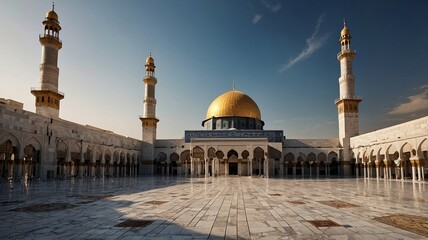 Fototapeta premium Grand view of a majestic mosque with golden dome and minarets under a clear blue sky.