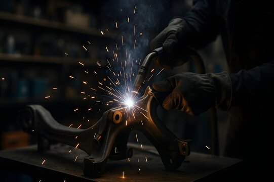 A welder's hand creates a bright spark while welding metal in a workshop. Industrial concepts of heavy-duty engineering, fabrication, machining, and repair processes.