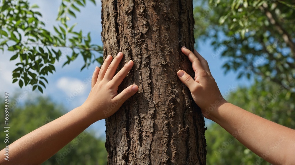 Poster two hands gently touching the textured bark of a tree, symbolizing a connection with nature.