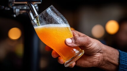 Man is holding a glass of beer from a tap. The glass is half full and the beer is pouring out of the tap. The scene is set in a bar or a pub, where people are enjoying their drinks