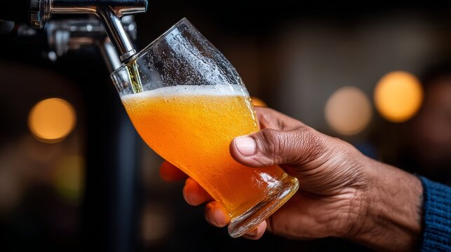 Man is holding a glass of beer from a tap. The glass is half full and the beer is pouring out of the tap. The scene is set in a bar or a pub, where people are enjoying their drinks