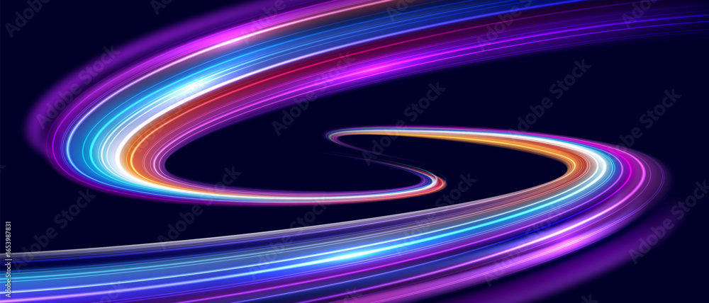 Poster modern abstract high speed movement. dynamic motion light trails on dark blue background. futuristic
