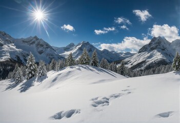 Fototapeta premium Snowy Mountain Landscape with Footprints Under a Bright Sun
