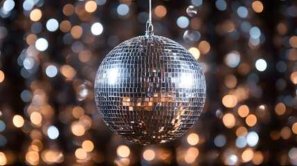 Shimmering disco ball reflecting colorful lights at a lively dance event during the evening