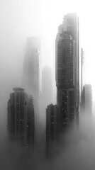 Fog-shrouded skyscrapers pierce a misty sky