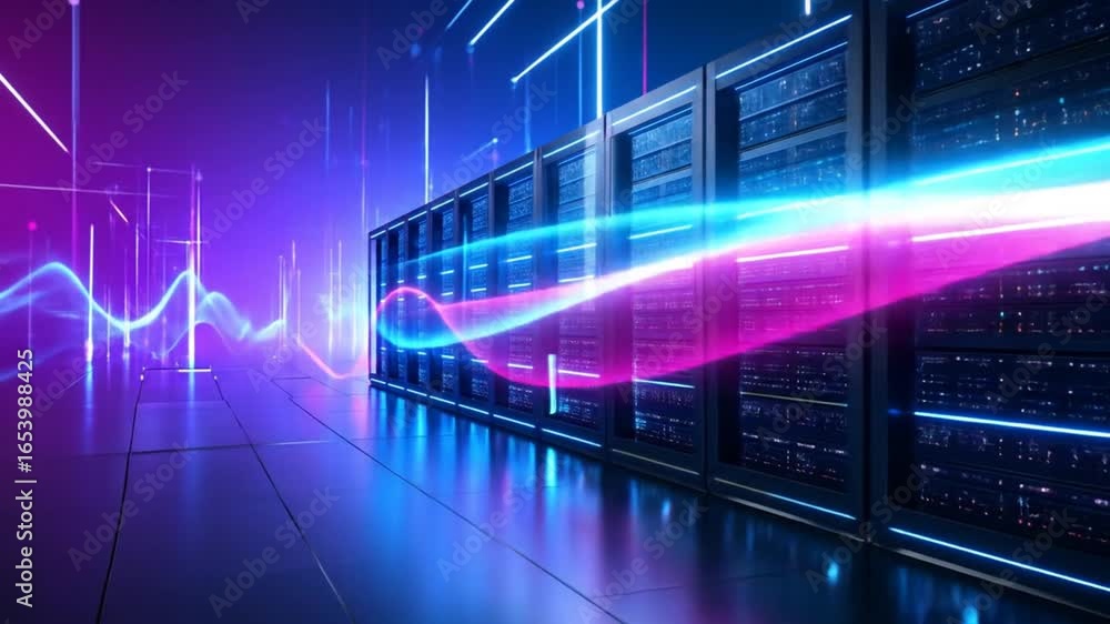 Aufkleber futuristic data center with neon lines: high-tech server racks and data streams in motion