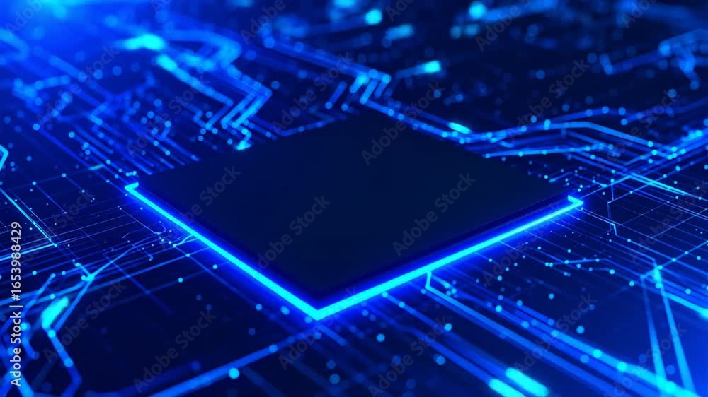 Poster futuristic digital circuit board with glowing processor, showcasing tech concepts and innovation