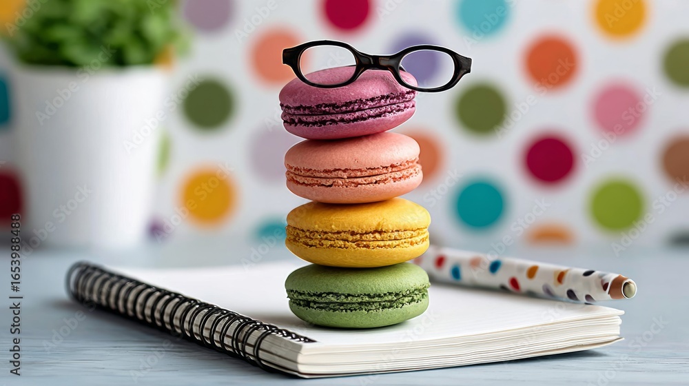 Aufkleber stack of macarons with glasses on top of them. the macarons are in different colors and are placed o