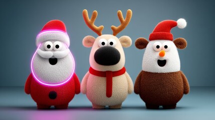 Three stuffed animals, one of which is a reindeer, are standing next to each other