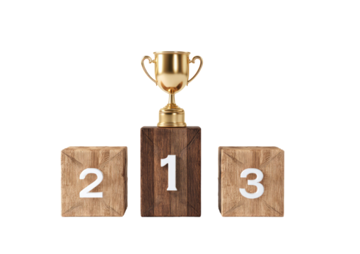 A golden trophy sits atop a wooden podium, with numbers 1, 2, and 3 indicating positions