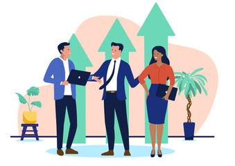 Three business people celebrating success and growth with a large upward arrow, representing profit, achievement, and business development in flat design vector illustration