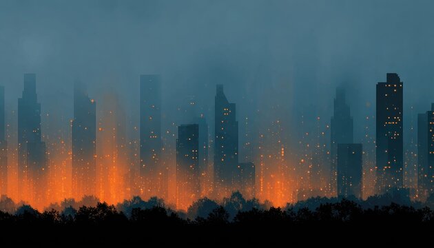 City skyline engulfed in hazy orange glow at night