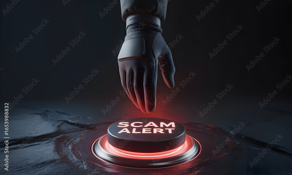 Poster a hand pressing a red button labeled 'scam alert', highlighting fraud prevention and digital securit