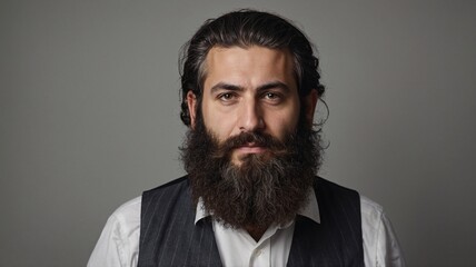 Fototapeta premium Portrait of a Middle-Eastern man with a full beard, dressed in a vest, conveying confidence and charisma.