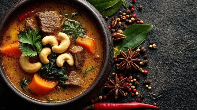 Maafe, a traditional Senegalese stew, features tender meat and vegetables simmered in a rich, flavorful peanut sauce, often served with rice for a comforting, hearty meal.