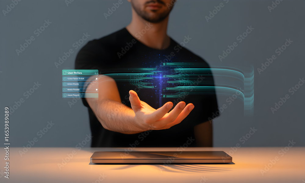 Aufkleber man interacting with a holographic interface displaying data, representing technology, futuristic co