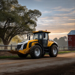 Obraz premium Modern yellow tractor parked on rural dirt road, large tires, farm landscape, sunrise sky, peaceful countryside morning
