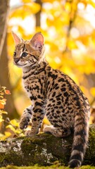 Obraz premium A young spotted cat sits amidst autumn leaves
