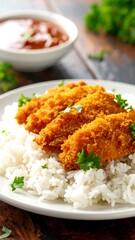 Crispy fried food served over rice