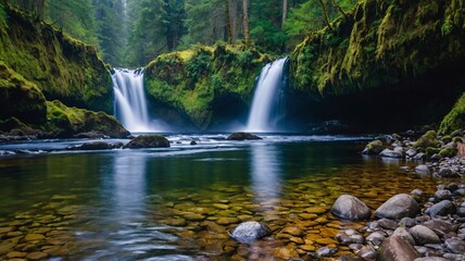 Fototapeta premium A serene forest scene featuring twin waterfalls cascading into a clear, rocky pool, surrounded by lush green foliage.