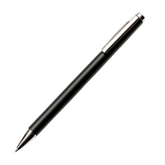 Elegant black ballpoint pen with silver accents isolated on transparent background