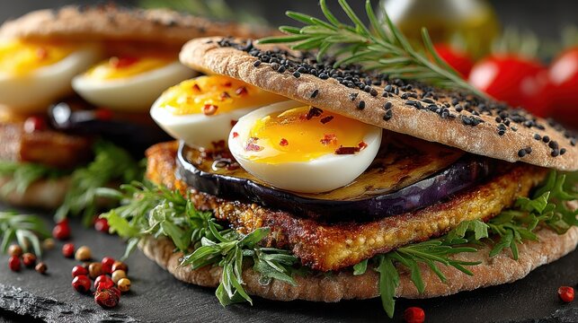 Sabich, a traditional Israeli sandwich, features pita stuffed with fried eggplant, hard-boiled egg, fresh salad, and tangy sauces, offering a flavorful, hearty, and satisfying meal.