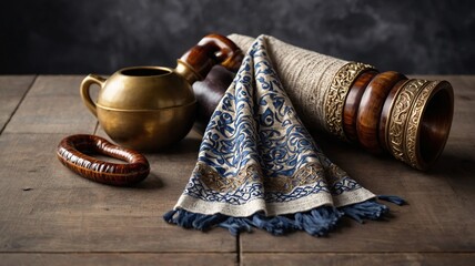 Elegant arrangement featuring a decorative scarf, brass pot, and handcrafted wooden items on a rustic wooden table.