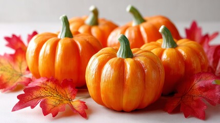 Group of orange pumpkins are sitting on a table with red leaves. The pumpkins are arranged in a circle, with some of them overlapping each other. The leaves are scattered around the pumpkins