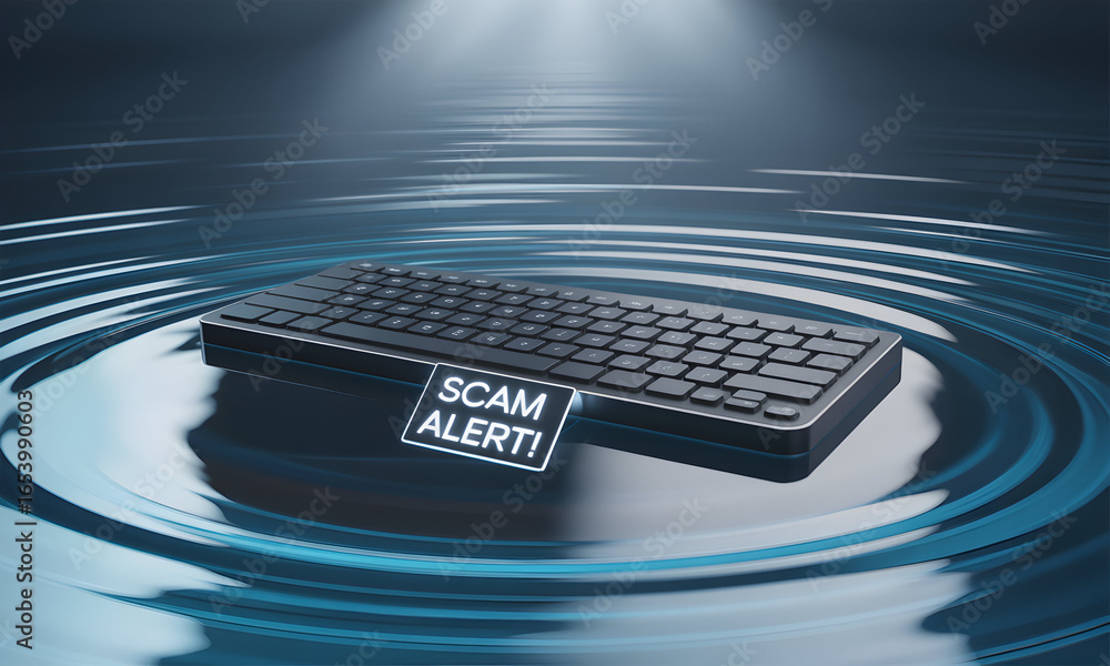 Poster conceptual image depicting a keyboard with a 'scam alert' message, highlighting online security conc