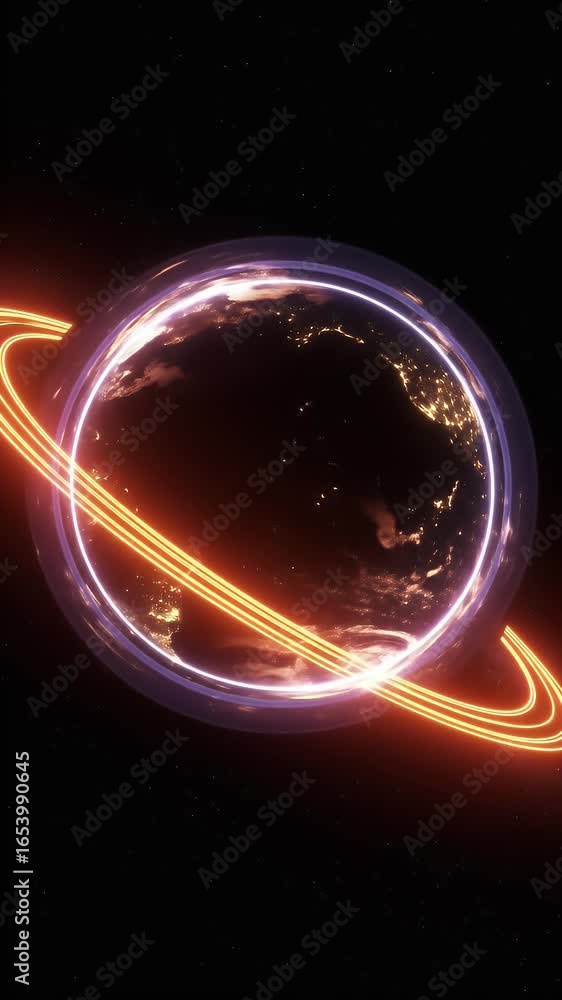 Aufkleber glowing planet with neon ring and orbit in outer space abstract 3d render