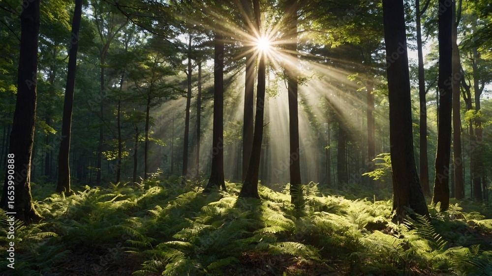 Poster sunlight streams through tall trees, illuminating lush ferns in a serene forest setting.