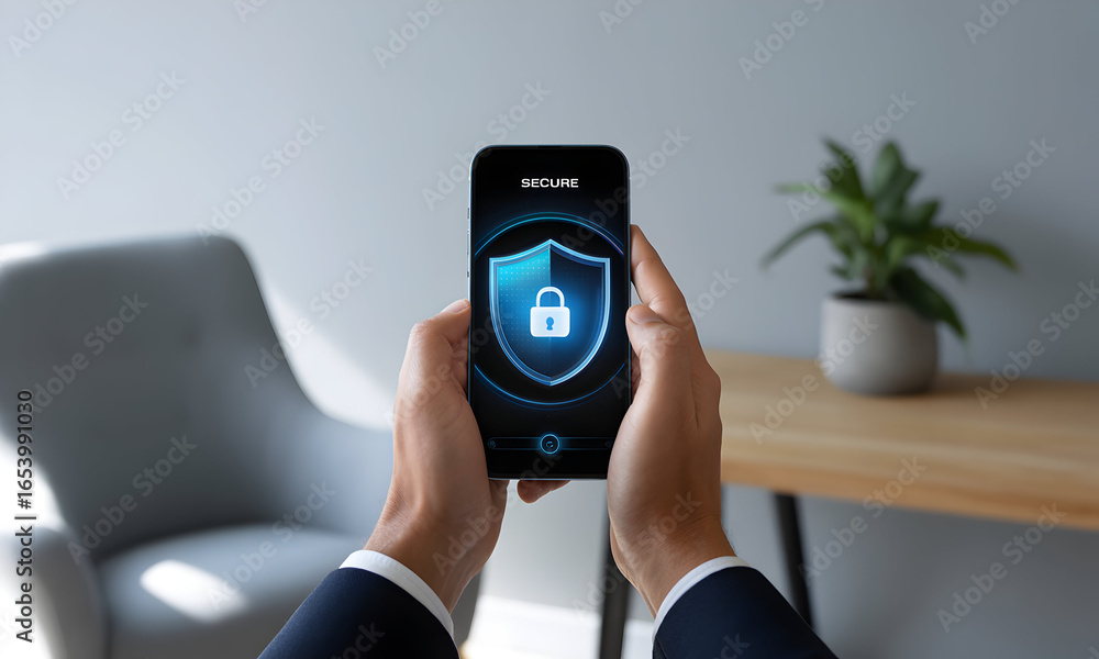 Aufkleber close-up view of hands holding a mobile phone with a digital security lock screen, suggesting privac