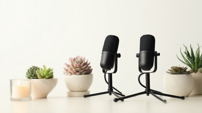 Minimalist Podcast Microphone Setup – Two Black Mics on Desk with Plants and Candle – White Background with Copy Space