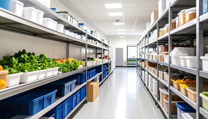 Organized food storage area with fresh produce and containers, showcasing clean and efficient space for food management