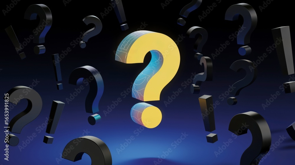 Aufkleber a large glowing question mark floats in a dark space, surrounded by other question and exclamation m
