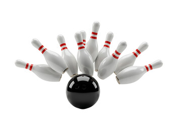 Bowling strike with ball and pins on a transparent background, isolated.

