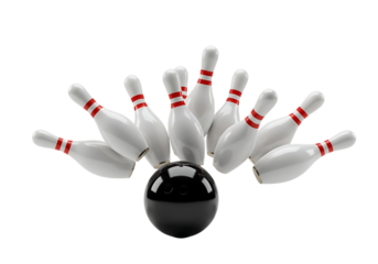 Bowling strike with ball and pins on a transparent background, isolated.

