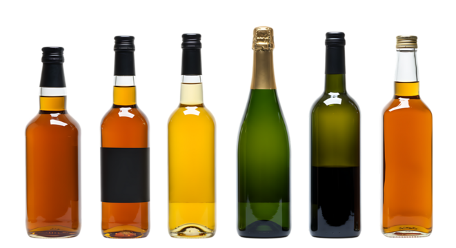 Row of Various Alcoholic Drink Bottles Isolated on a Transparent Background


