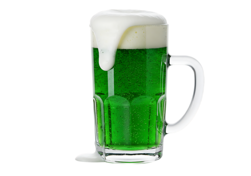 Green Beer with Foam Overflowing in a Glass Mug Isolated on Transparent Background.

