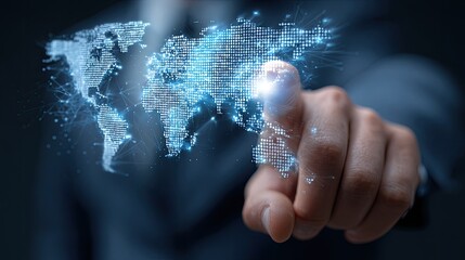 A hand points to a digital world map