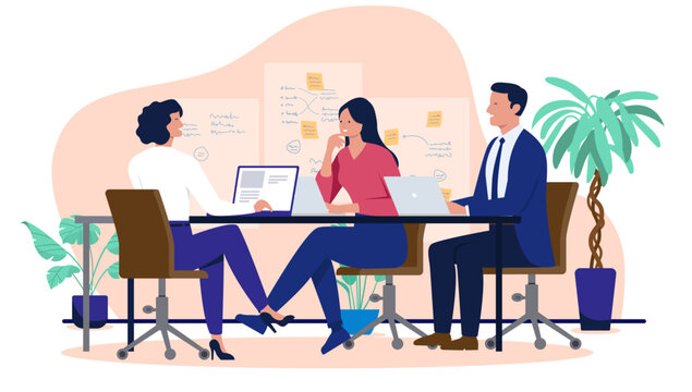 Three business people having a brainstorming meeting in an office, sitting around a table with laptops, discussing a project with notes on a whiteboard, flat design vector illustration