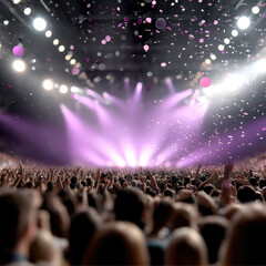 Obraz premium Vibrant concert scene with cheering crowd, purple stage lights, confetti, and energetic atmosphere at indoor music event