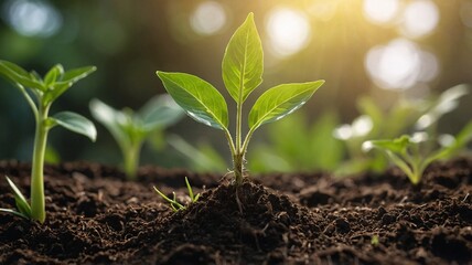 A young green sprout emerging from rich soil, symbolizing growth and hope in a serene, sunlit garden.