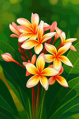 A cluster of vibrant plumeria (frangipani) flowers in full bloom, featuring petals with a soft gradient of white, yellow, and orange. The flowers are surrounded by lush green leaves with a blurred nat