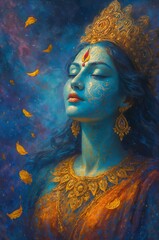 Dreamy Blue Woman with Golden Crown and Jewelry Looking Upwards Art